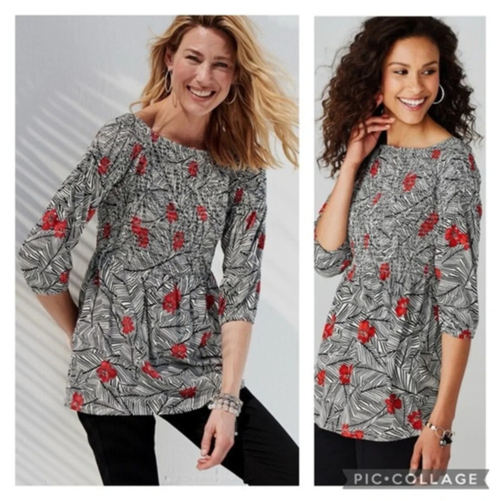 J.Jill Smocked Peasant Style Top Smocked Black White Red Floral Size L